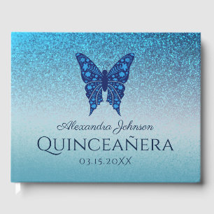 Sparkle Glitter Blue Floral Butterfly Quinceanera Guest Book