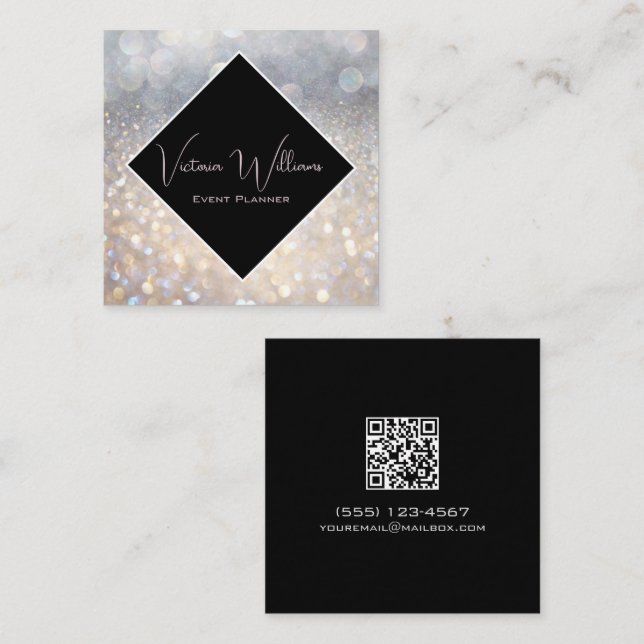 Sparkle Glitter Event Planner QR Code Square Business Card (Front/Back)