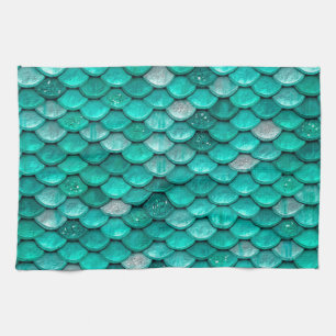 Sparkle Glitter Green Aqua Mermaid Scales Tea Towel