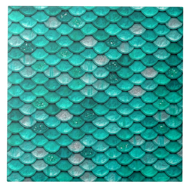 Sparkle Glitter Green Aqua Mermaid Scales Tile (Front)