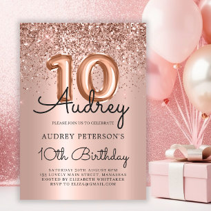 Sparkle Glitter Rose Gold Balloon 10th Birthday  Invitation