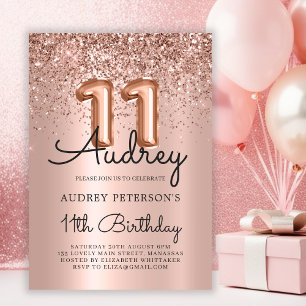 Sparkle Glitter Rose Gold Balloon 11th Birthday  Invitation