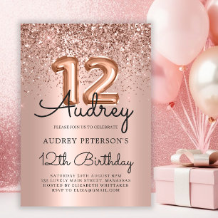 Sparkle Glitter Rose Gold Balloon 12th Birthday Invitation
