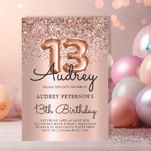 Sparkle Glitter Rose Gold Balloon 13th Birthday Invitation