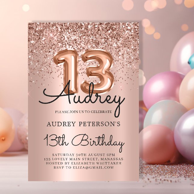 Sparkle Glitter Rose Gold Balloon 13th Birthday  Invitation (Creator Uploaded)