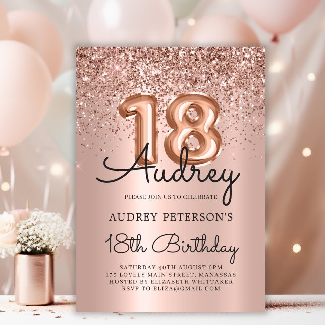 Sparkle Glitter Rose Gold Balloon 18th Birthday  Invitation (Creator Uploaded)