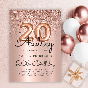 Sparkle Glitter Rose Gold Balloon 20th Birthday  Invitation