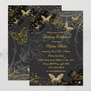 Sparkle Gold Black Butterfly Birthday party Invitation