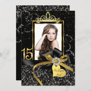 Sparkle Gold Black Lace & Bow Photo Quinceanera Invitation