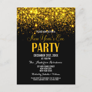 Sparkle Gold Black New Year`s Eve Party Invitation Postcard