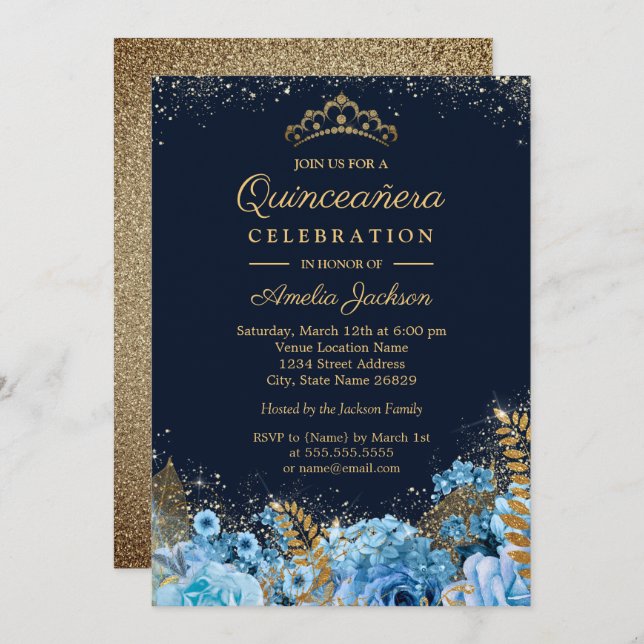 Sparkle Gold Blue Glitter floral Quinceanera 15th Invitation (Front/Back)
