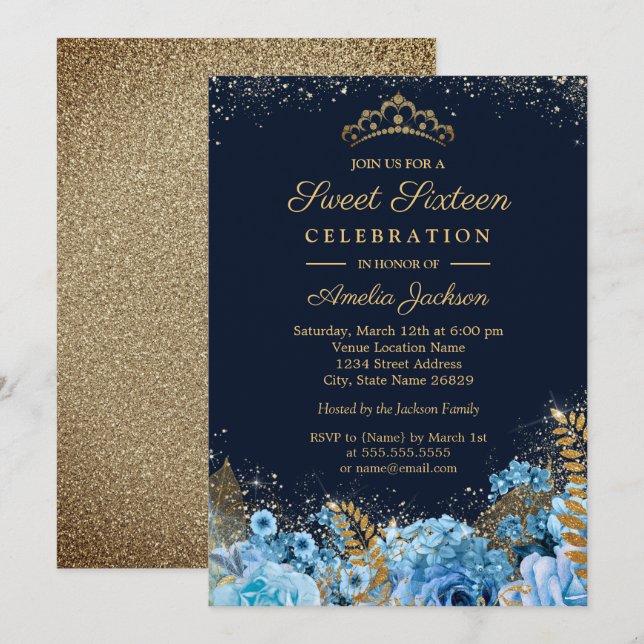 Sparkle Gold Blue Glitter floral Sweet Sixteen Invitation (Front/Back)