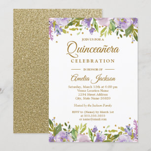 Sparkle Gold Floral Purple Quinceanera Invite