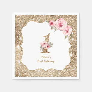Sparkle gold glitter and pink floral 1st birthday napkin