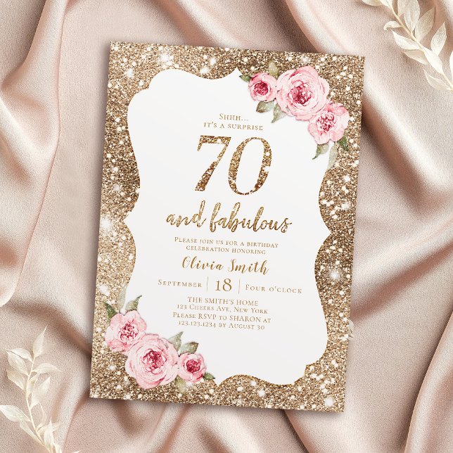Sparkle gold glitter and pink floral 70th birthday invitation (Sparkle gold glitter and pink floral 70th birthday invitation)