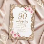 Sparkle gold glitter and pink floral 90th birthday invitation<br><div class="desc">Faux gold sparkle glitter background and blush pink floral with "90 and fabulous" script in centre,  elegant and stylish,  great 90th birthday party invitations.</div>