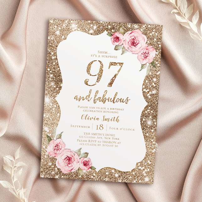 Sparkle gold glitter and pink floral 97th Birthday Invitation (Sparkle gold glitter and pink floral 97th Birthday Invitation)
