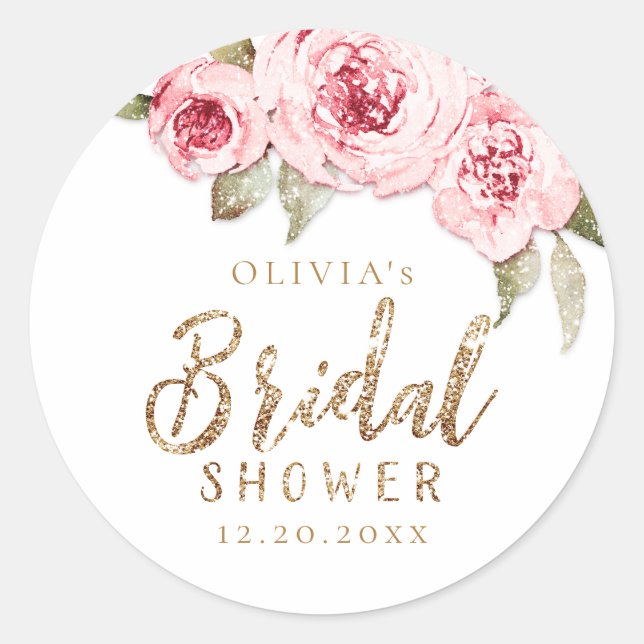 Sparkle gold glitter and pink floral bridal shower classic round sticker (Front)
