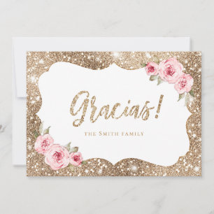 Sparkle gold glitter and pink floral glacias thank invitation