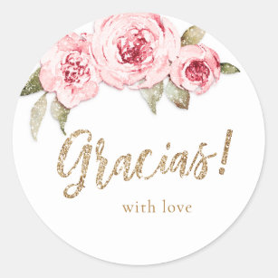 Sparkle gold glitter and pink floral gracias favou classic round sticker