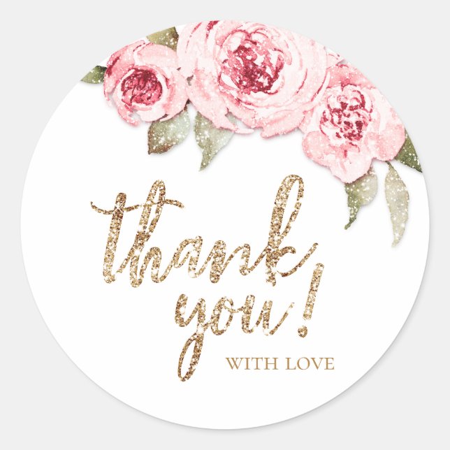 Sparkle gold glitter and pink floral thank you classic round sticker (Front)