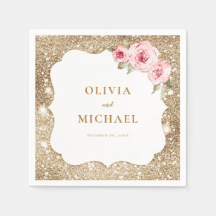 Sparkle gold glitter and pink floral wedding napkin