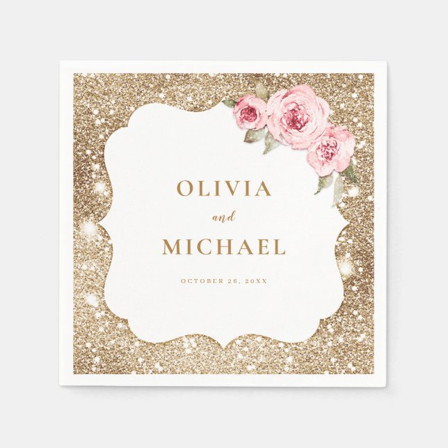 Sparkle gold glitter and pink floral wedding napkin (Front)