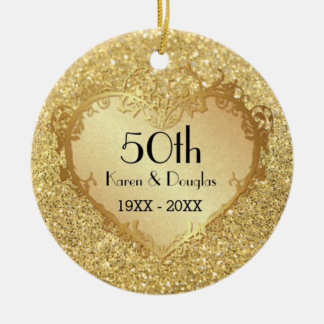Sparkle Gold Heart 50th Wedding Anniversary Ceramic Tree Decoration (Front)