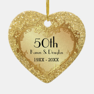 Sparkle Gold Heart 50th Wedding Anniversary Ceramic Tree Decoration