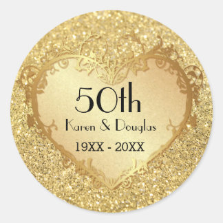 Sparkle Gold Heart 50th Wedding Anniversary Classic Round Sticker