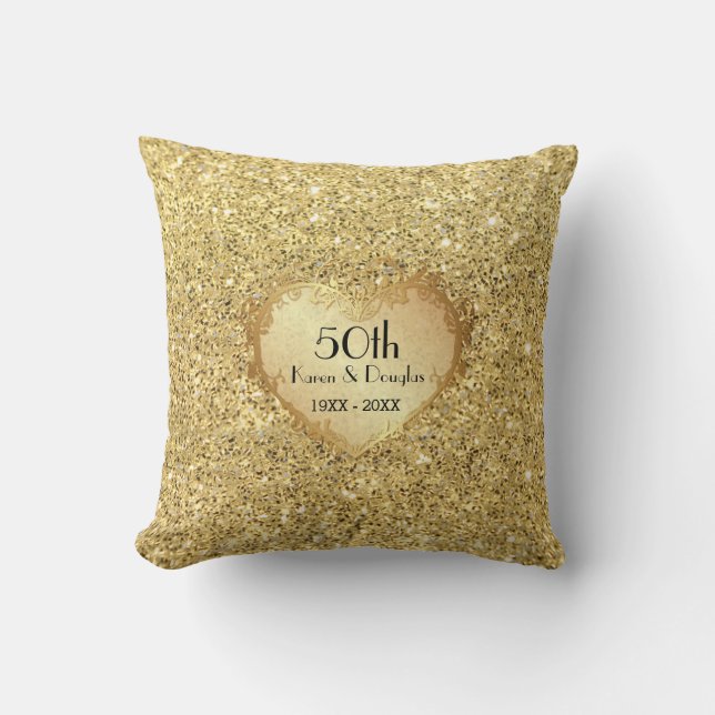 Sparkle Gold Heart 50th Wedding Anniversary Cushion (Front)
