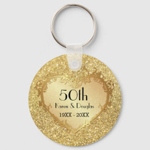 Sparkle Gold Heart 50th Wedding Anniversary Key Ring