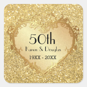 Sparkle Gold Heart 50th Wedding Anniversary Square Sticker