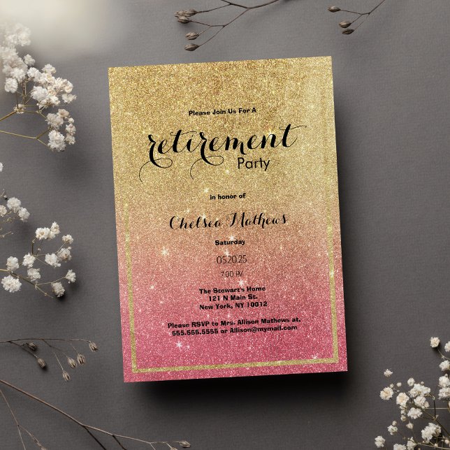 Sparkle Gold Pink Ombre Glitter Retirement Party Invitation (Sparkle Gold Pink Ombre Glitter Retirement Party)