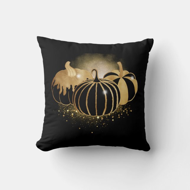 Sparkle Gold Pumpkin Pillow Black (Front)