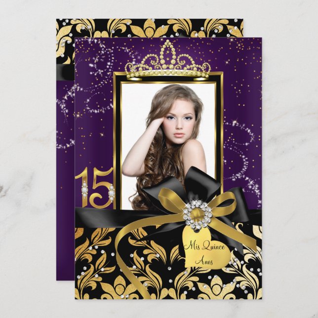 Sparkle Gold Purple Damask & Bow Photo Quinceanera Invitation (Front/Back)
