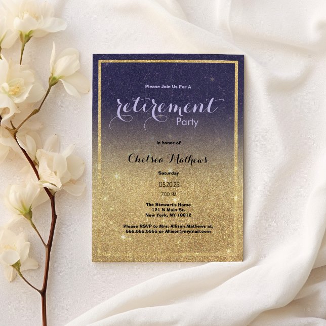 Sparkle Gold Purple Ombre Glitter Retirement Party Invitation (Sparkle Gold Purple Ombre Glitter Retirement Party )