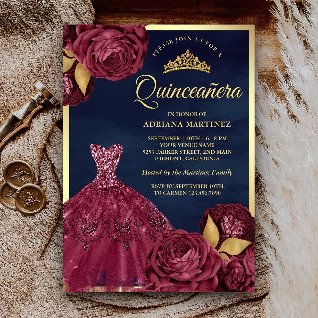 Sparkle Gown Burgundy Floral Navy Gold Quinceanera Invitation (Creator Uploaded)