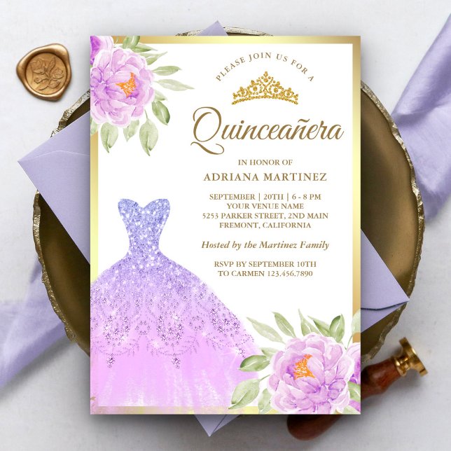 Sparkle Gown Lilac Purple Floral Gold Quinceanera Invitation (Creator Uploaded)