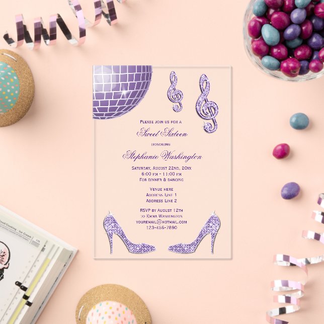 Sparkle Heels and Purple Disco Ball Sweet 16 Acrylic Invitations (Insitu (Celebration))