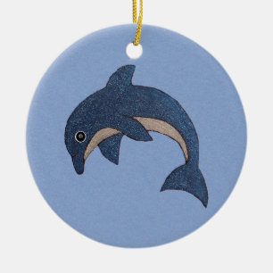 Sparkle Jumping Dolphin Dark Blue White Swirl Eye Ceramic Tree Decoration