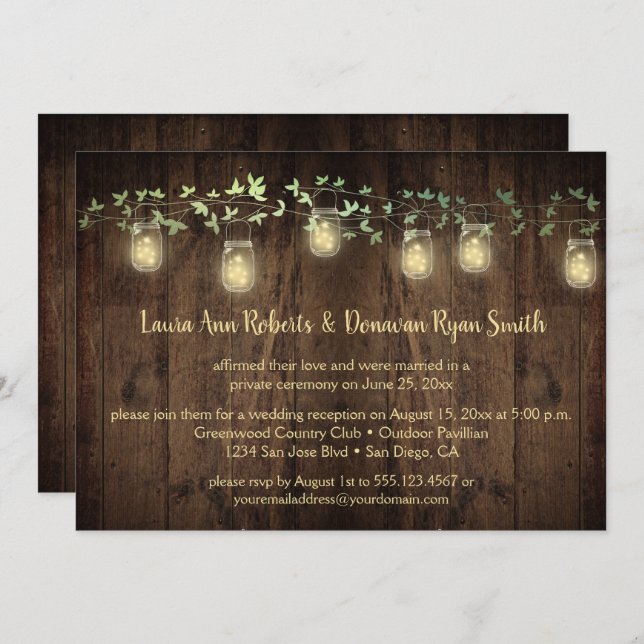 Sparkle Lights Mason Jar Ivy Reception Only Invitation (Front/Back)