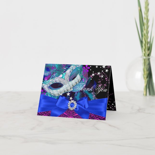 Sparkle Mask & Bow Masquerade Thank You Card (Front)