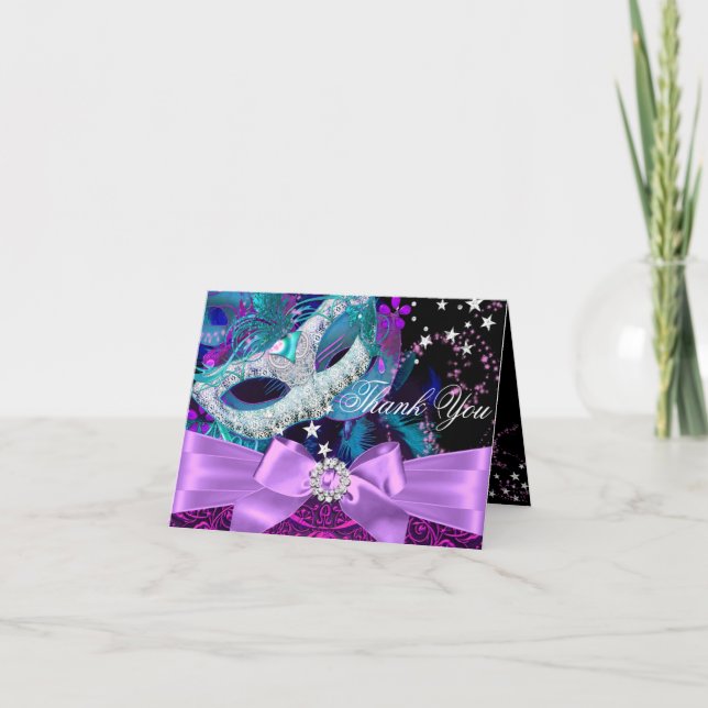 Sparkle Mask & Bow Masquerade Thank You Card (Front)