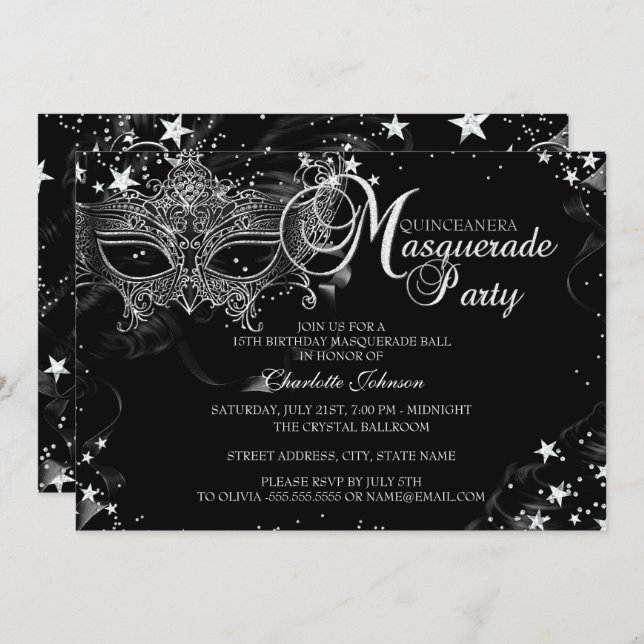 Sparkle Mask Star Night Masquerade Quinceañera Invitation (Front/Back)
