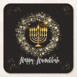 Sparkle Menorah Hanukkah Square Paper Coaster<br><div class="desc">Hanukkah party design with a gold menorah and silver and gold sparkles on a black background.</div>