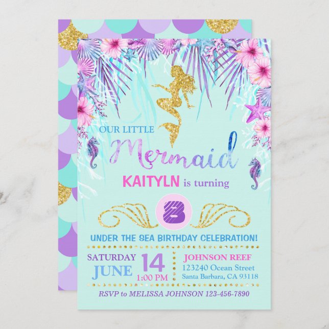 Sparkle Mermaid Under the Sea Birthday Invitation (Front/Back)