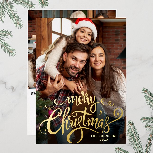 Sparkle Merry Christmas 2 PHOTO Greeting Gold (Customizable Christmas holiday greeting photo card with real foil print.)