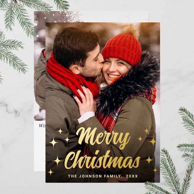 Sparkle Merry Christmas 2 PHOTO Greeting Gold (Customizable Christmas holiday greeting photo card with real foil print.)