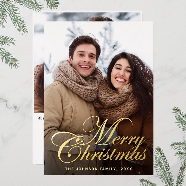 Sparkle Merry Christmas 2 PHOTO Greeting Gold (Customizable Christmas holiday greeting photo card with real foil print.)